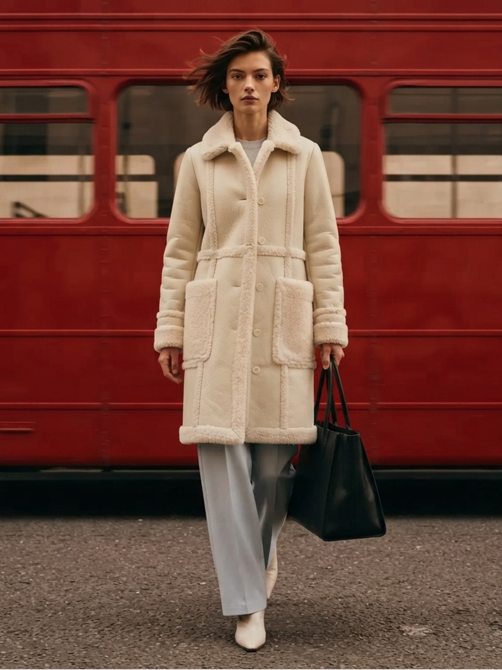 Maniere De Voir Cream Shearling-Trim Trench Coat